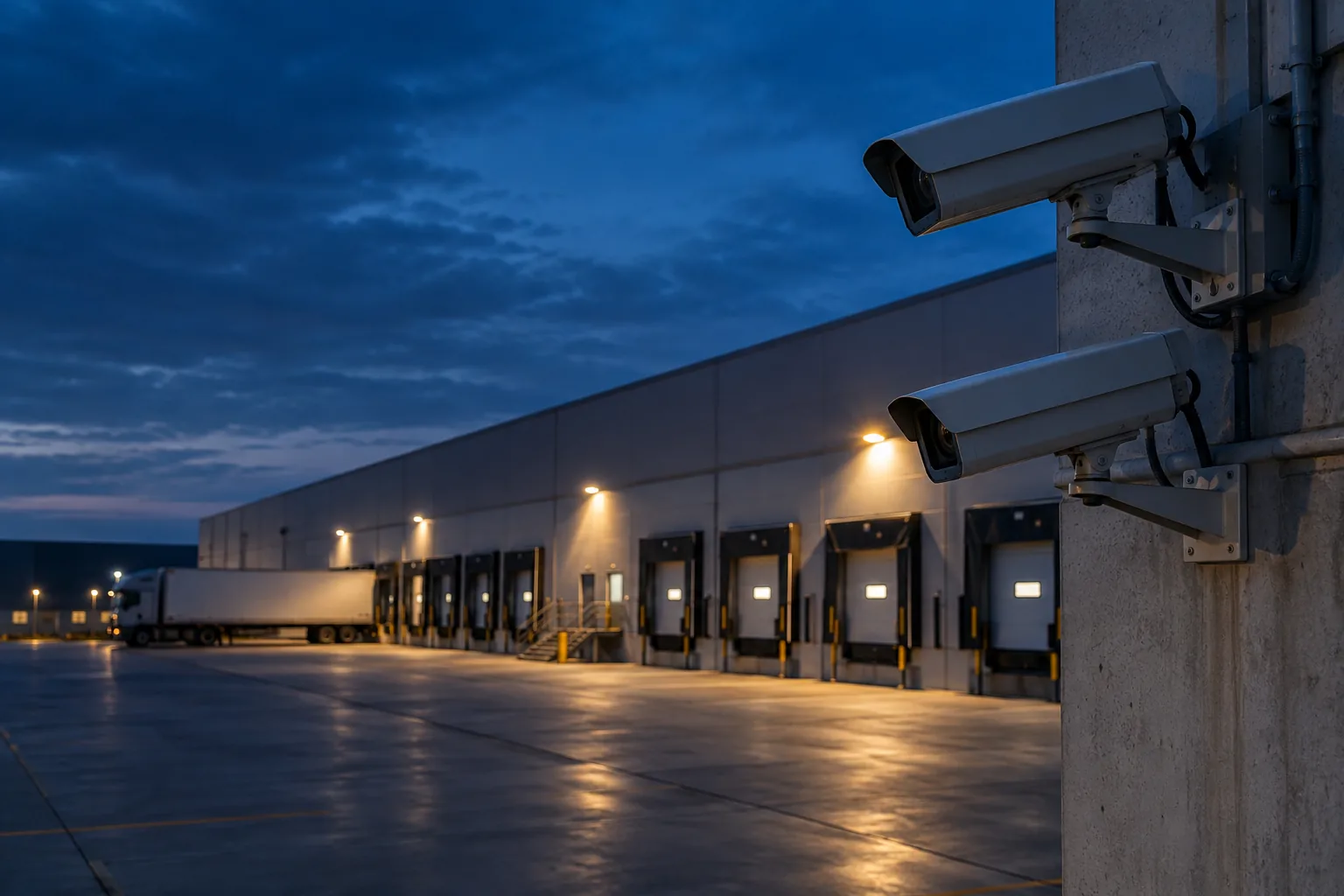 Who answers a camera alert after hours?: Security cameras overlooking an empty loading yard after hours
