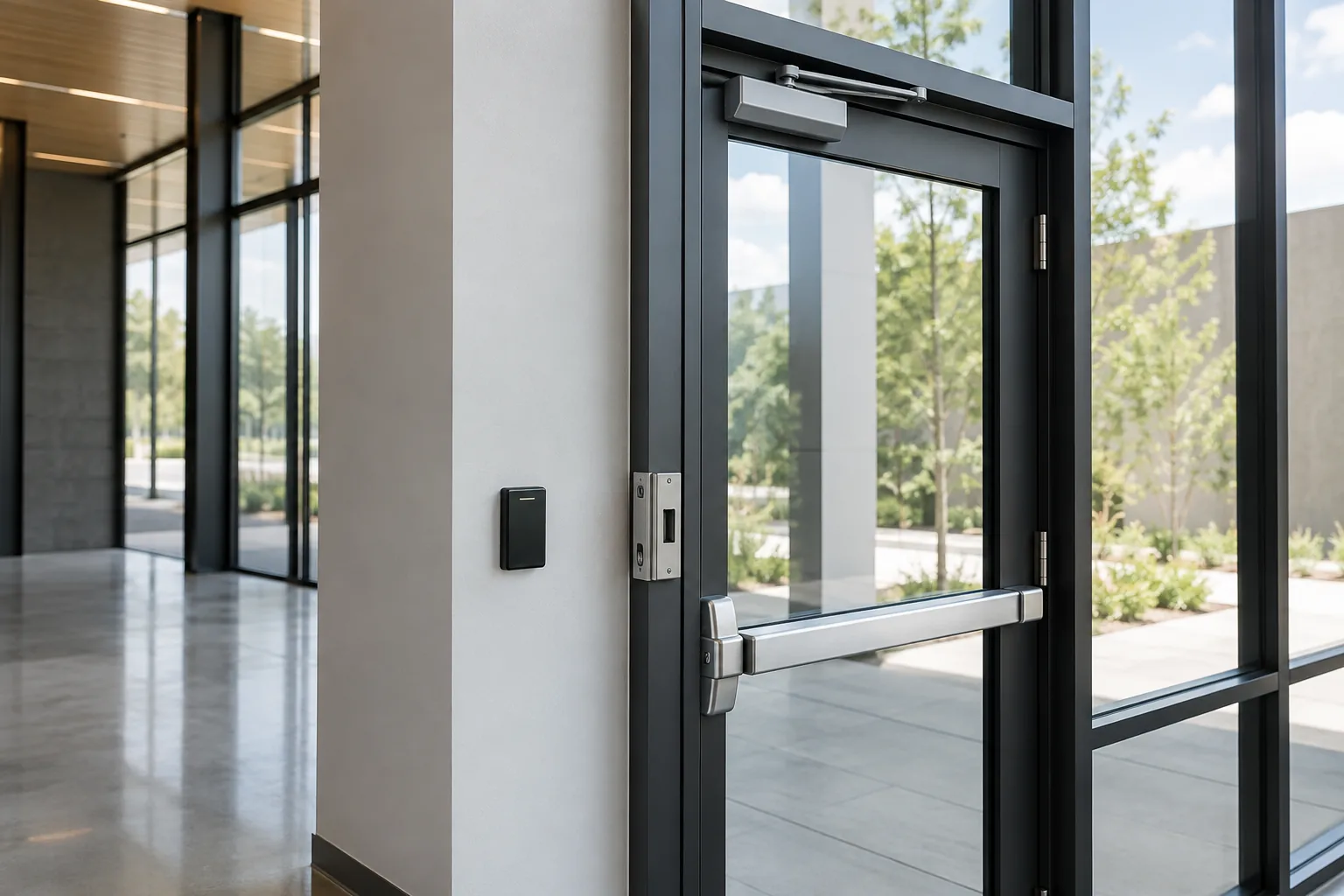 Budget the whole controlled opening: Controlled glass door with a reader, closer and electric locking hardware
