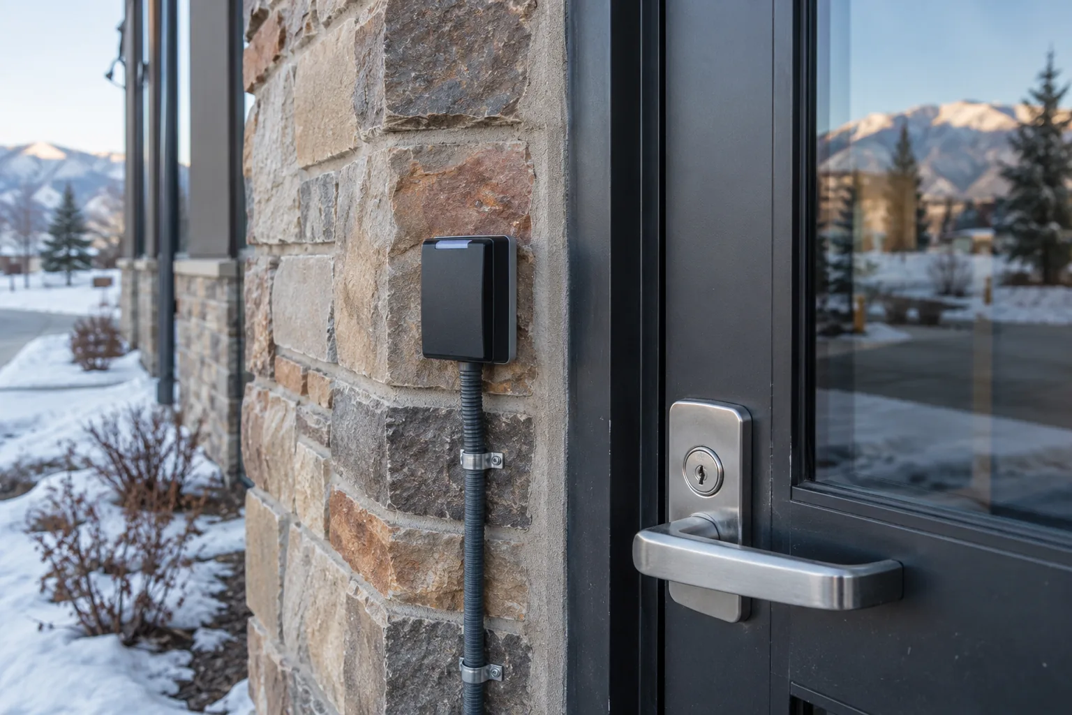 Plan exterior readers for Colorado weather: Exterior card reader on a commercial entry in winter