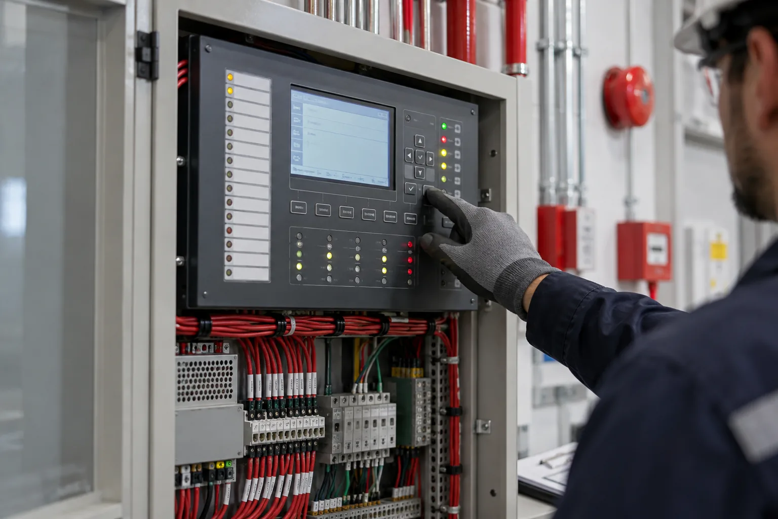 Prepare a fire alarm modernization without guessing: Technician reviewing a commercial fire alarm control panel