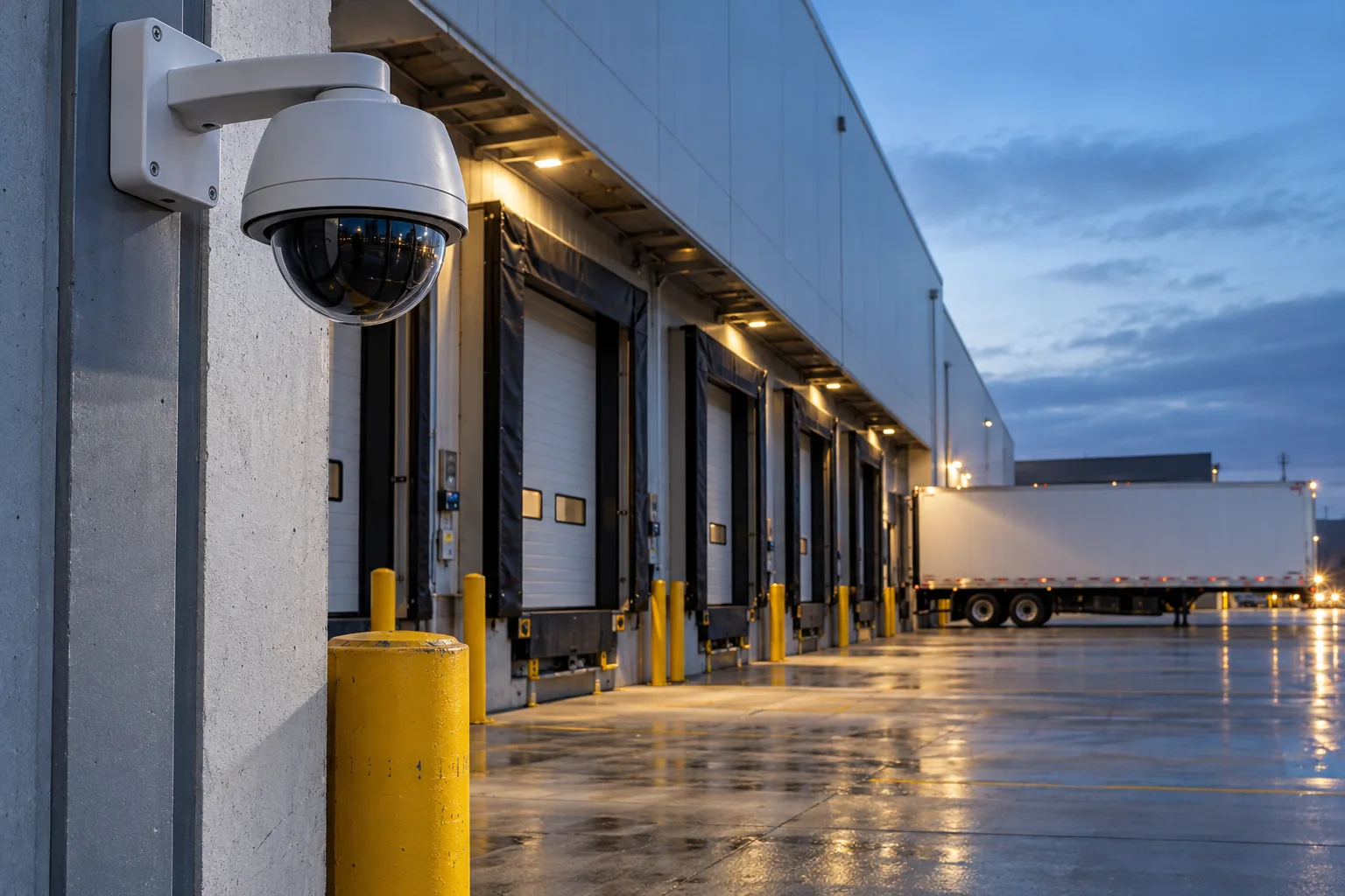 Design video around a loading dock dispute: Security camera mounted at a commercial loading dock