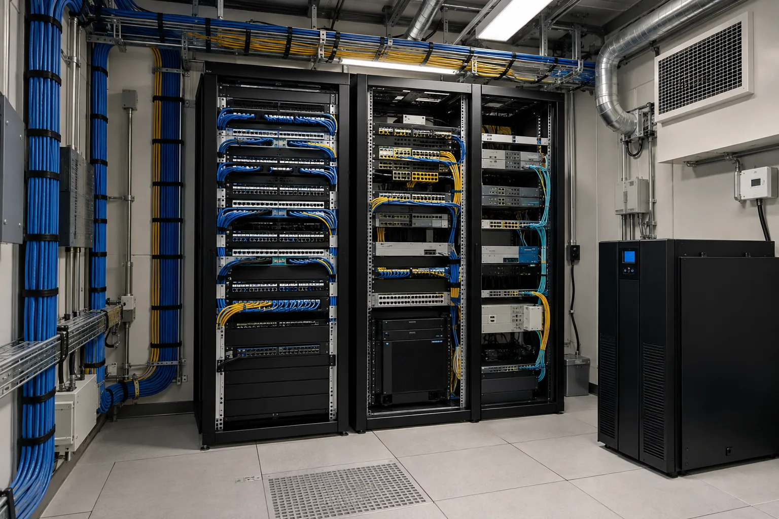 A network closet is part of system reliability: Organized network closet with patch panels, switches and backup power