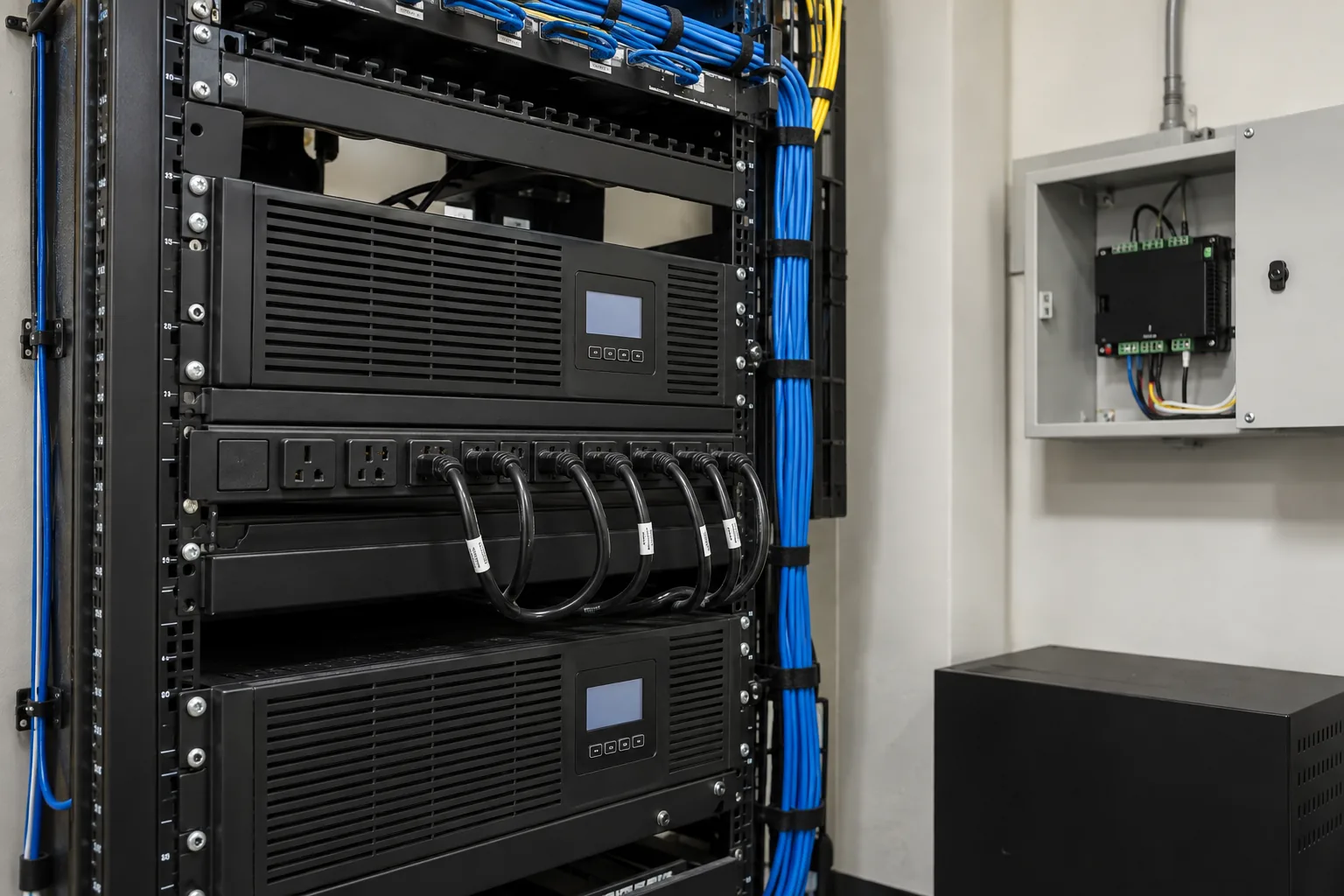 Backup power should protect a defined workflow: Organized UPS equipment and controller in a security rack