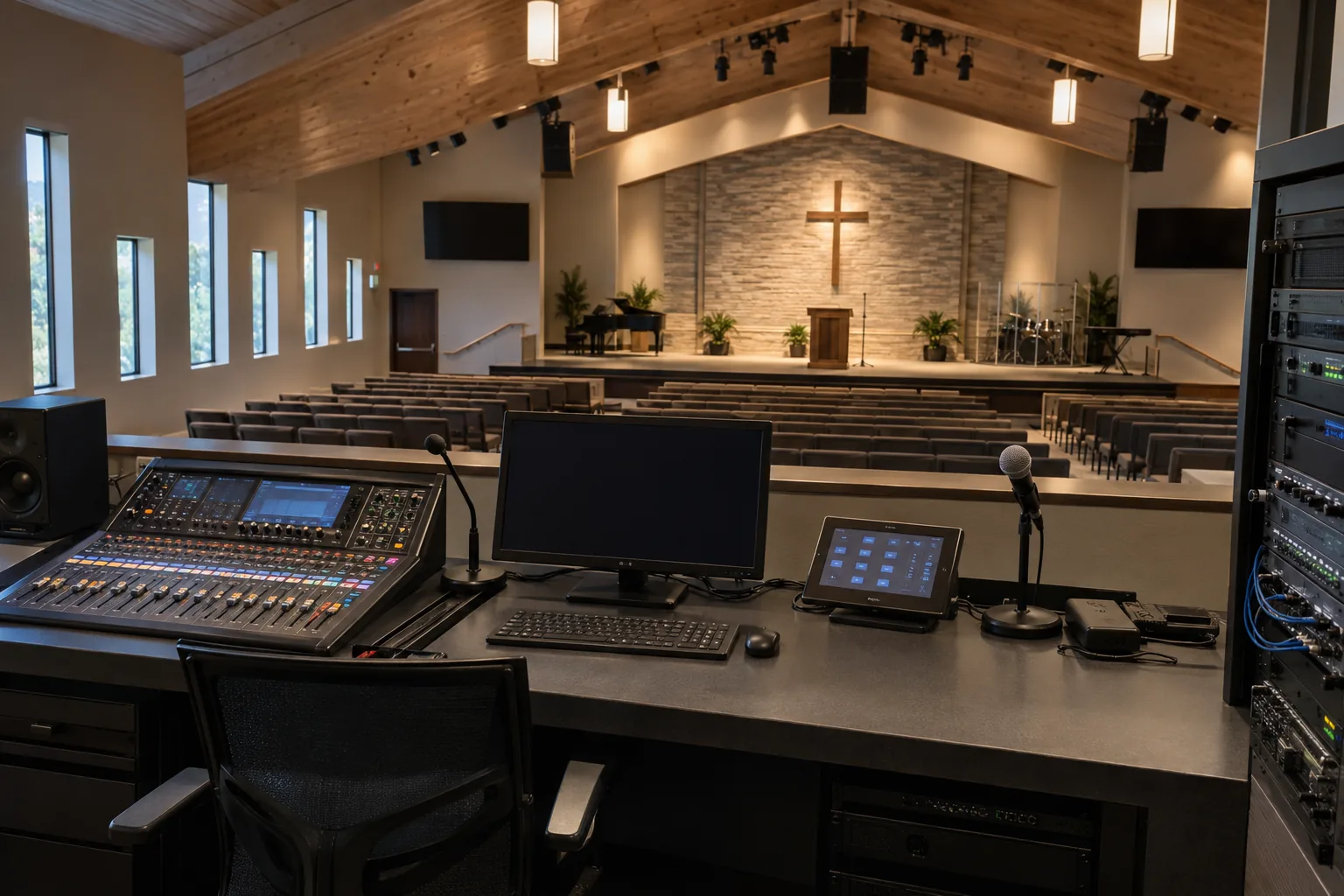 Make worship AV usable by a volunteer team: Audio visual booth in an empty worship sanctuary