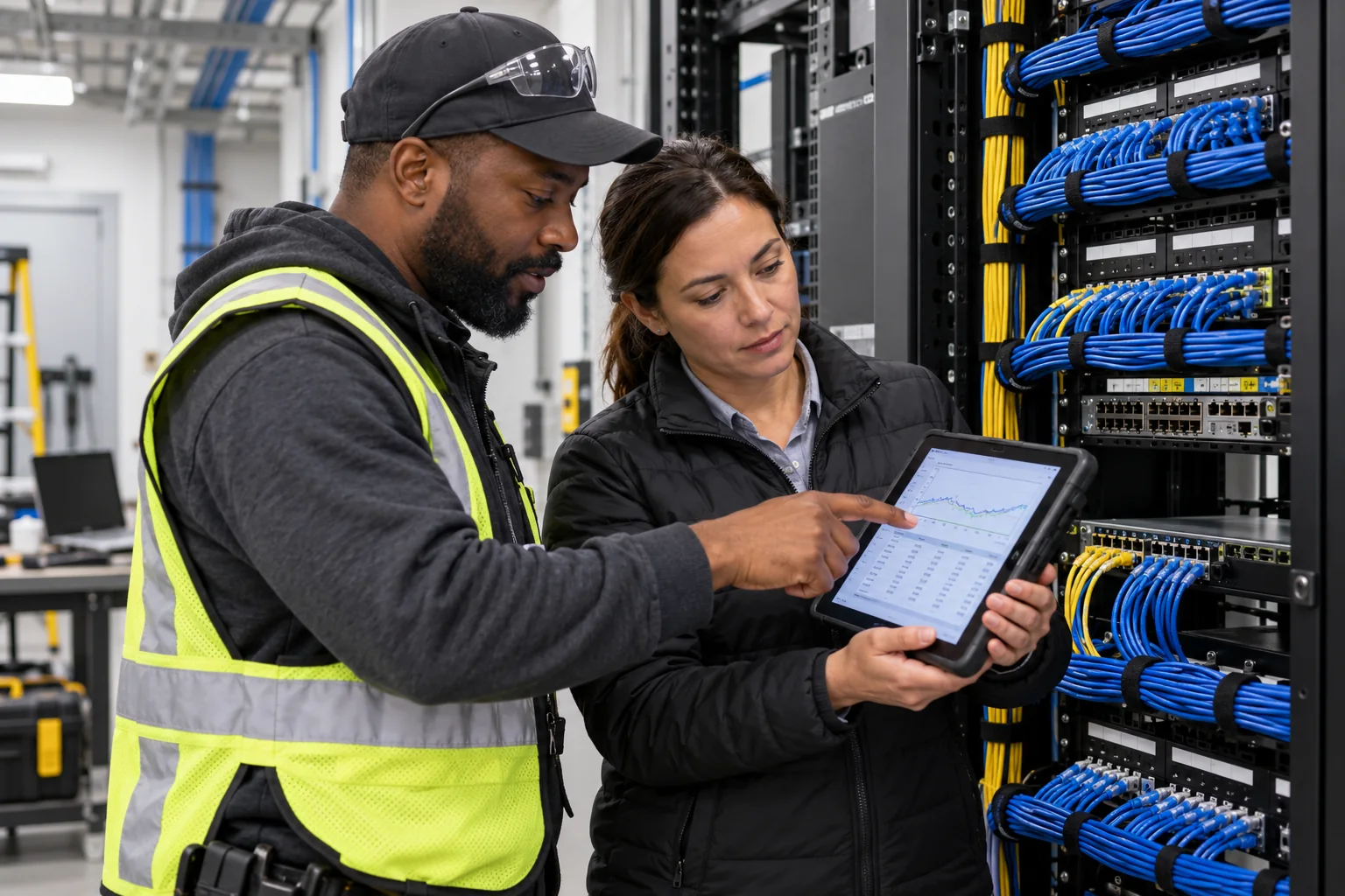 building technology professionals beside a rack
