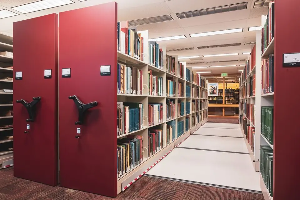 Rows of Bookshelves in a College Library