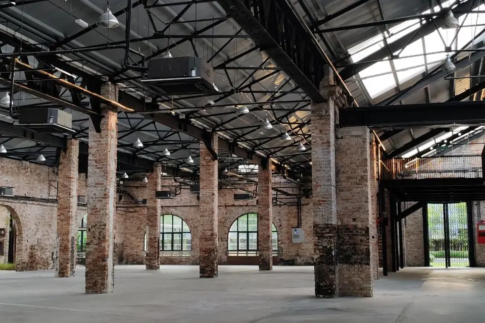 Industrial Warehouse Interior with Exposed Brick and Steel