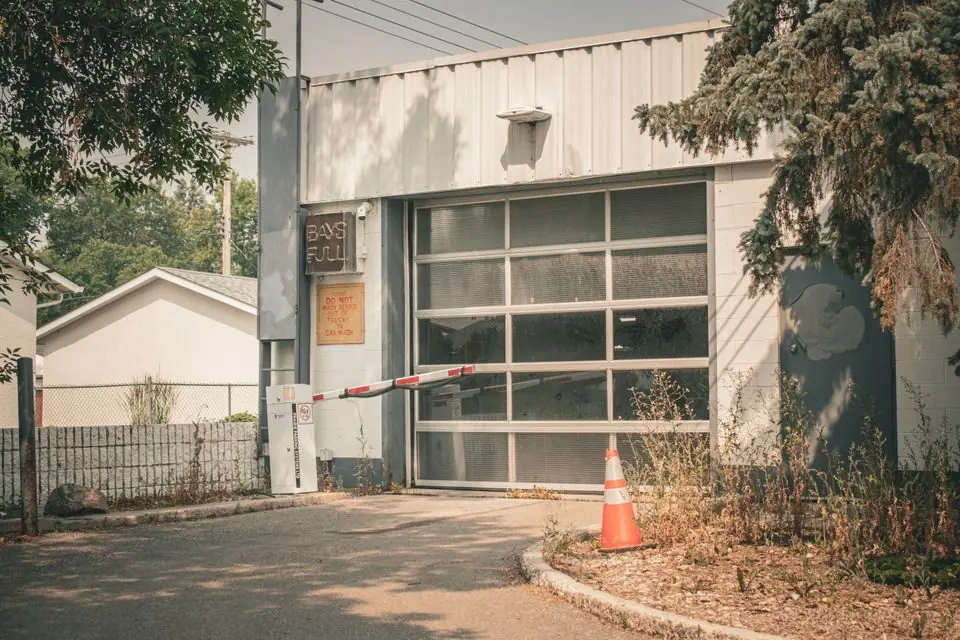 Urban Parking Garage Entrance with Barricade