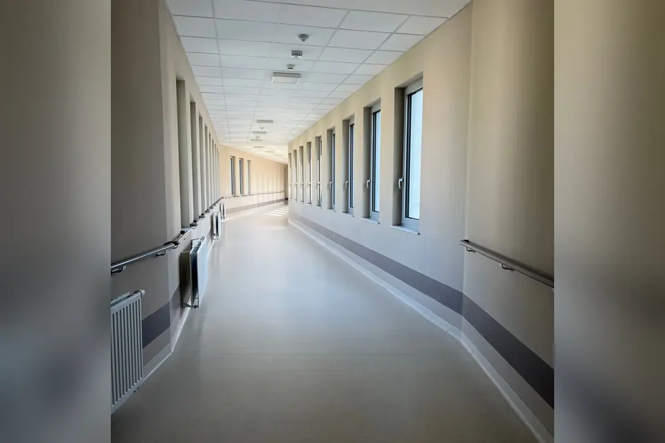 Bright Hospital Corridor with Windows