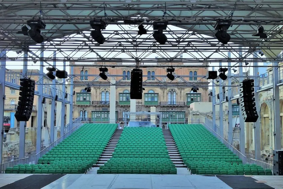 Outdoor auditorium and stage with professional equipment on city square