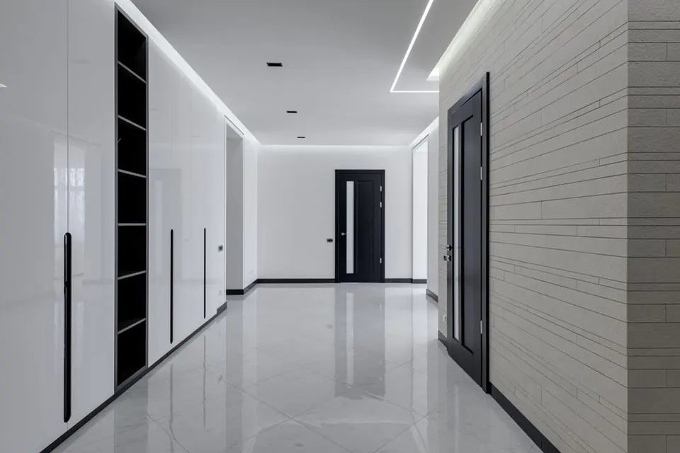 Big hall in minimalistic style in modern apartment building