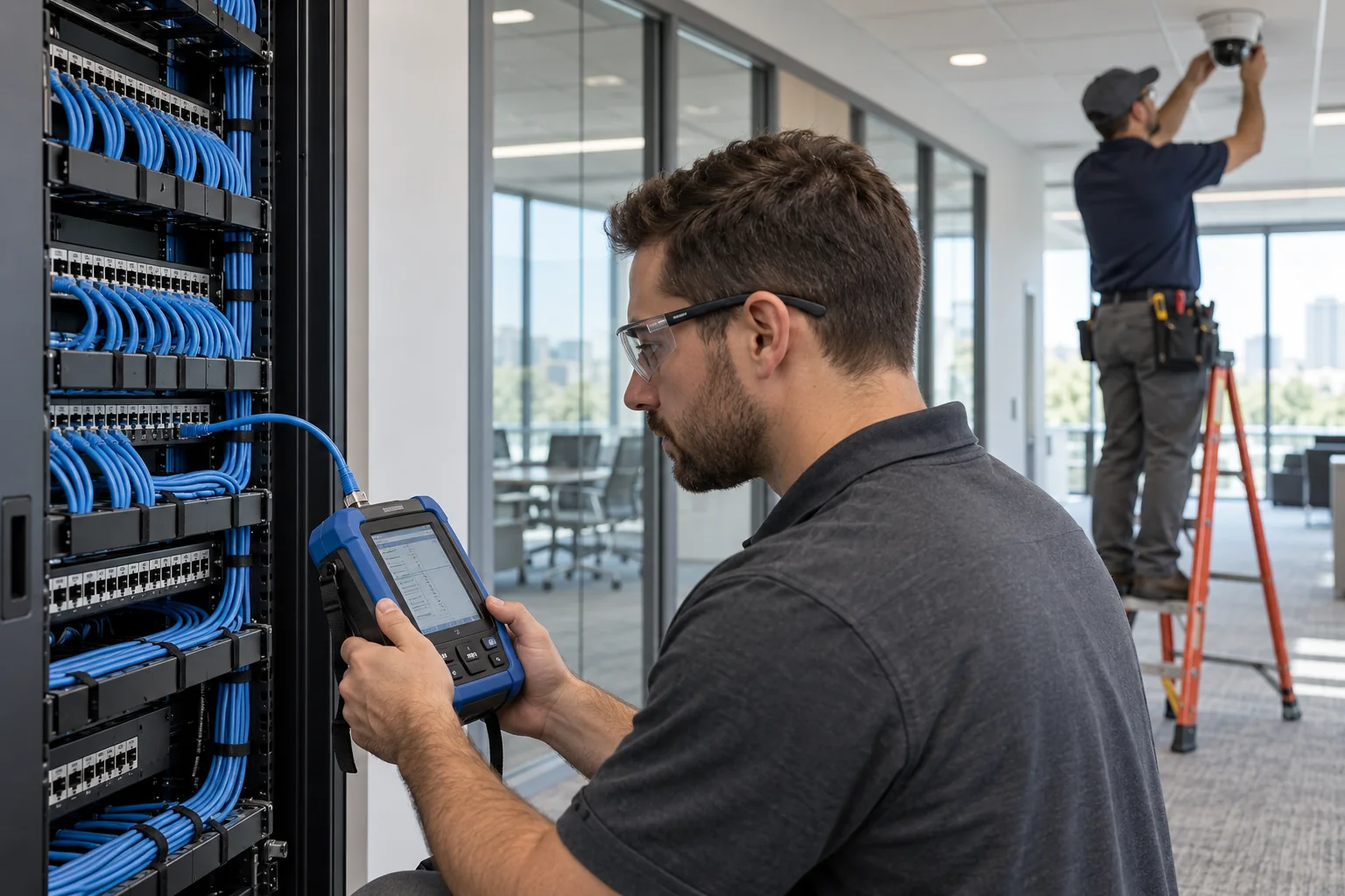 Testing & inspection: technician testing installed cabling and camera equipment
