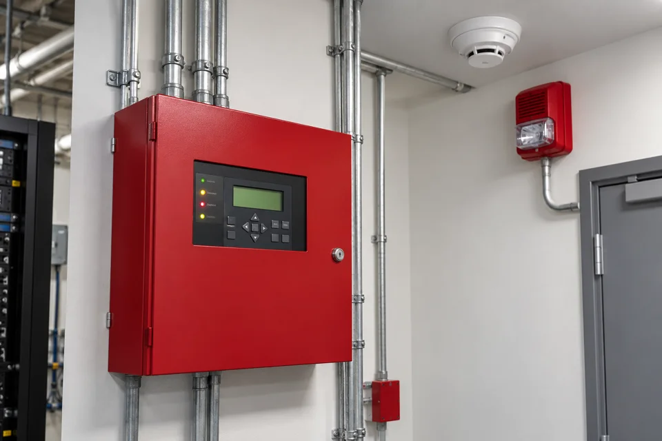 Commercial fire alarm control panel with a smoke detector and horn-strobe