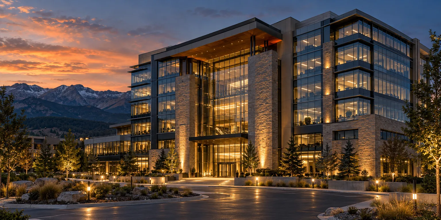 Intrusion alarm: Modern commercial headquarters with layered perimeter security
