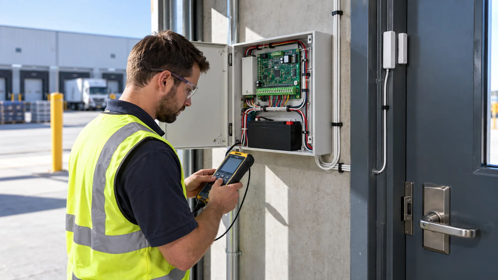 Alarm monitoring: Technician checking an intrusion control panel