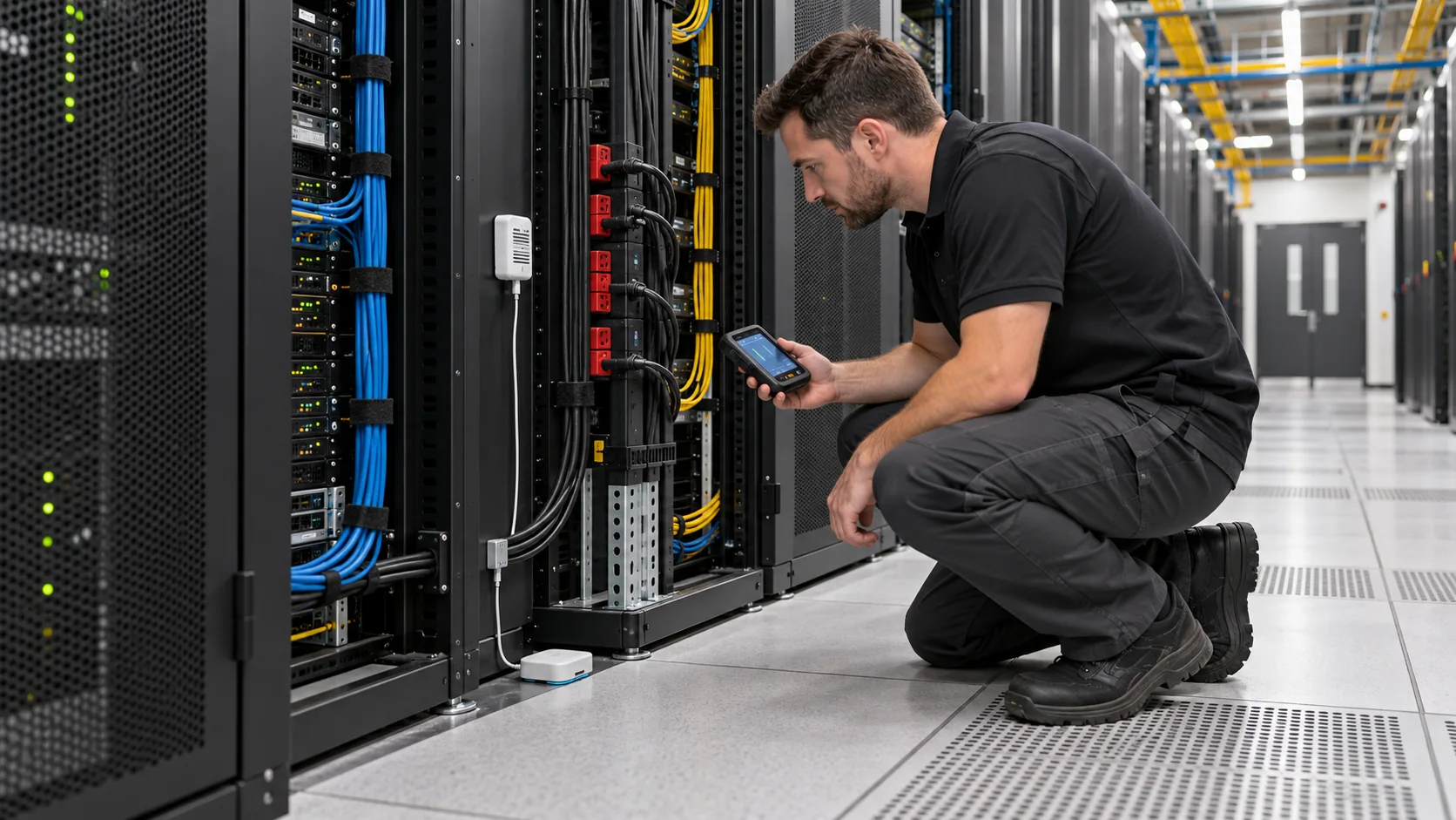 Health & safety IoT sensors: Technician installing a building sensor