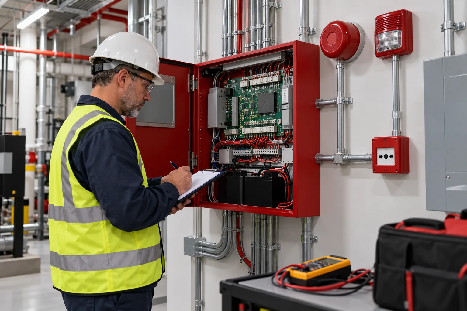 Fire alarm: Technician checking a commercial fire control panel