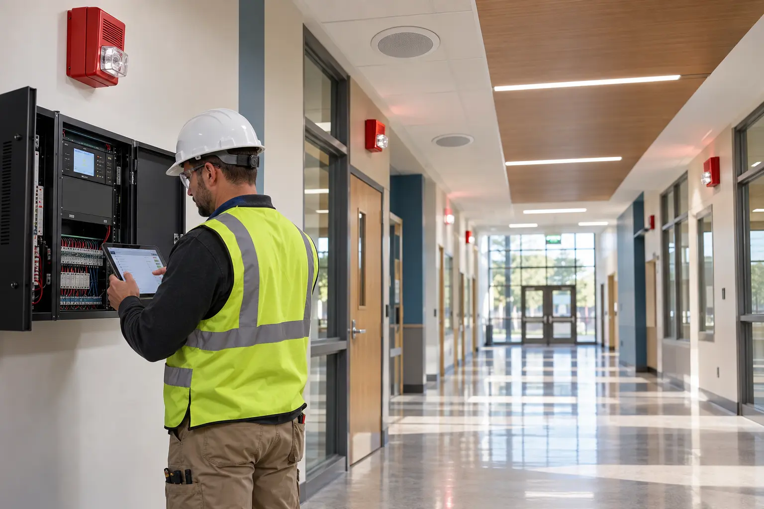 Mass notification: Technician commissioning a commercial mass-notification system