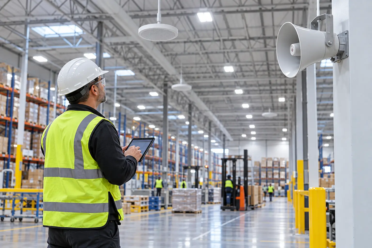 Overhead paging: Technician commissioning commercial paging speakers in a warehouse