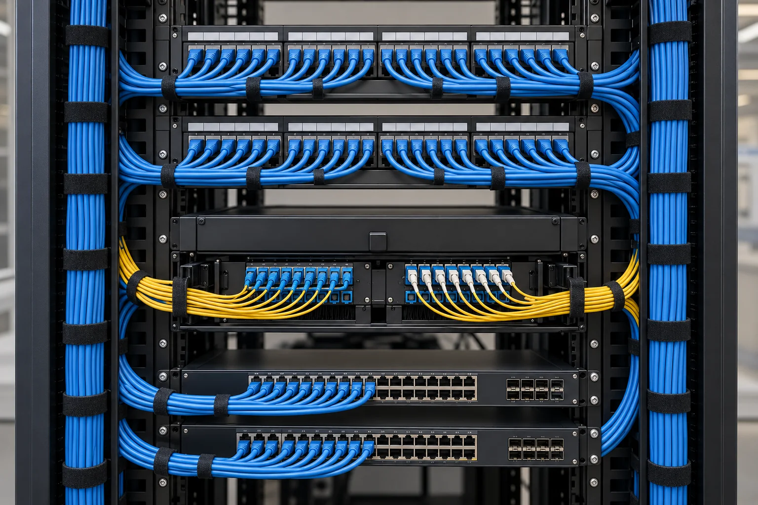 Neatly dressed copper and fiber cabling in an equipment rack