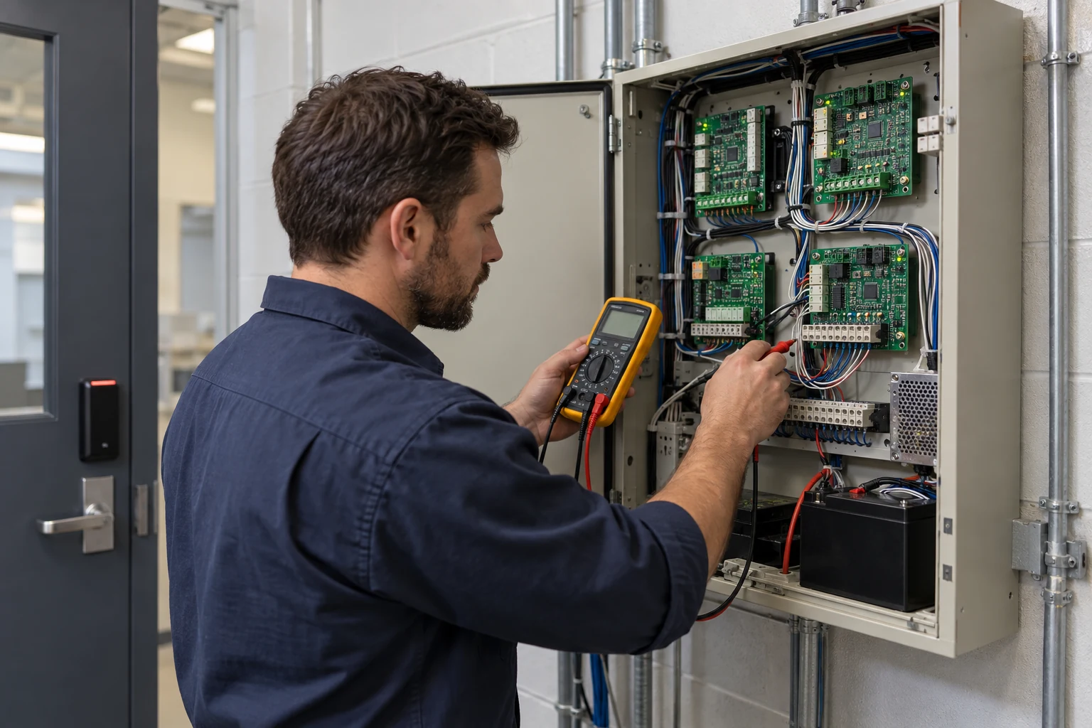An engineer troubleshooting a legacy access control panel