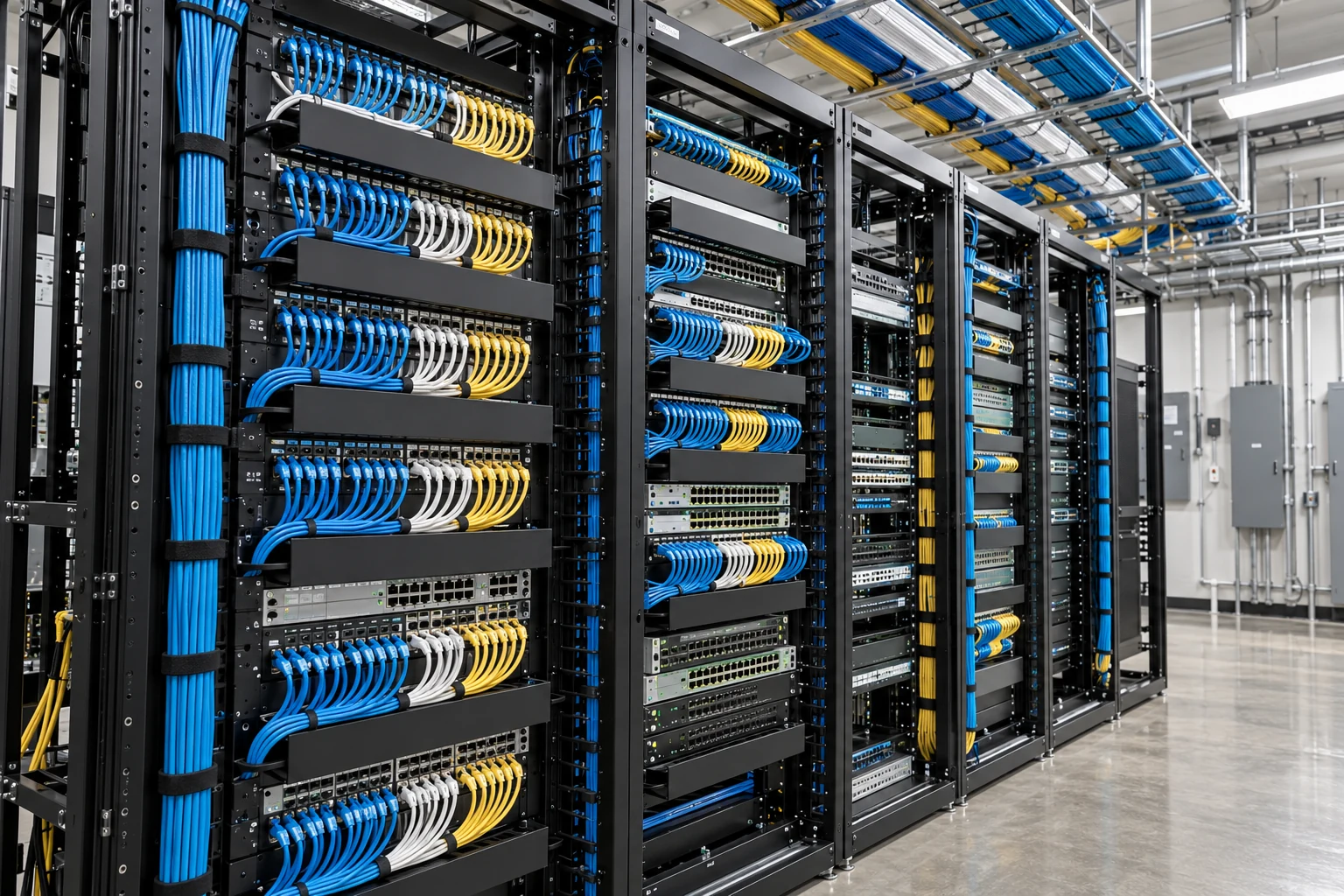 Completed structured cabling installation with neatly dressed patch cords and organized racks