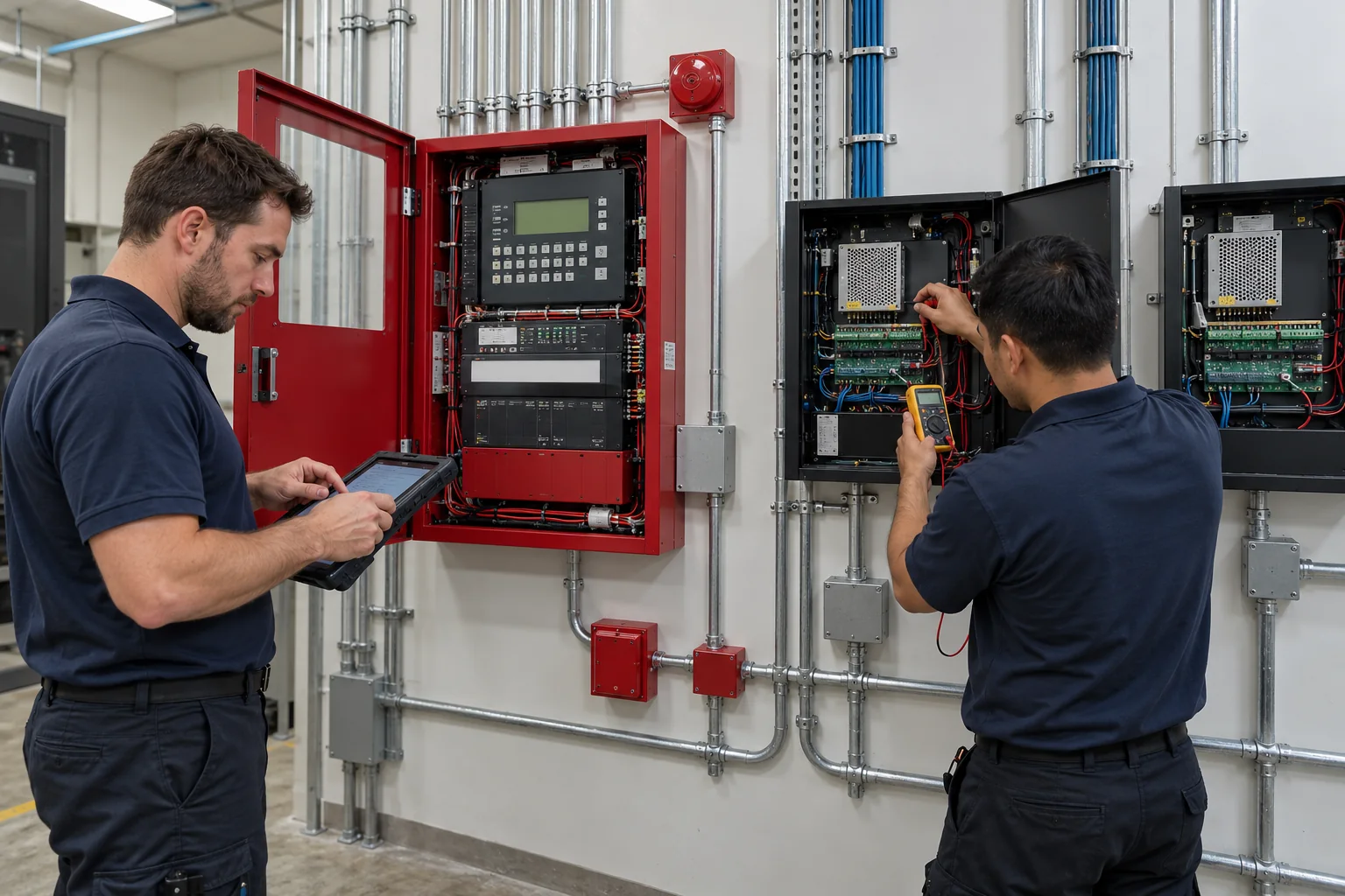System integration: Technicians reviewing a control panel and adjacent cabinets