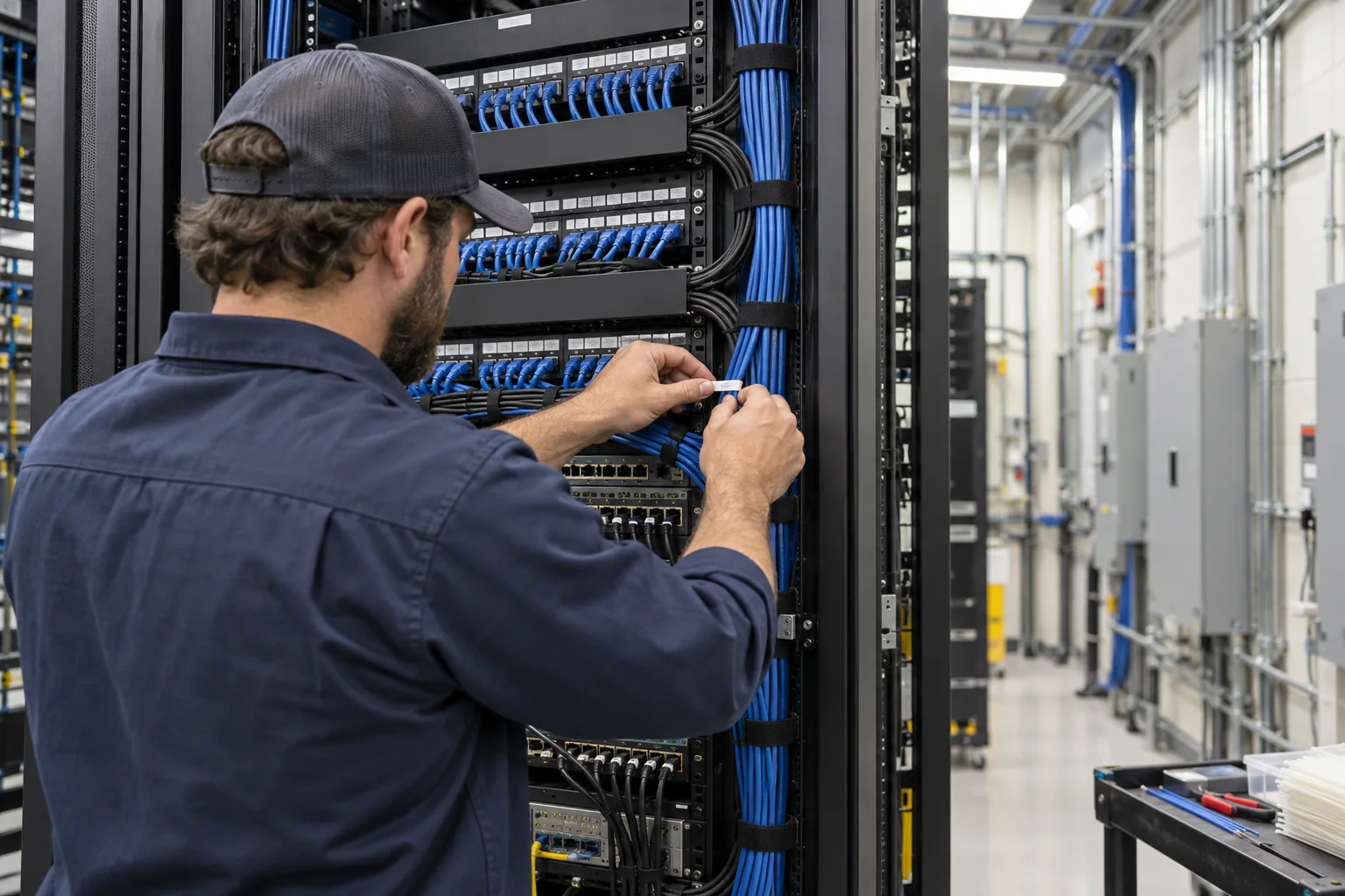 Wireless networks: Technician labeling organized network cabling in a rack