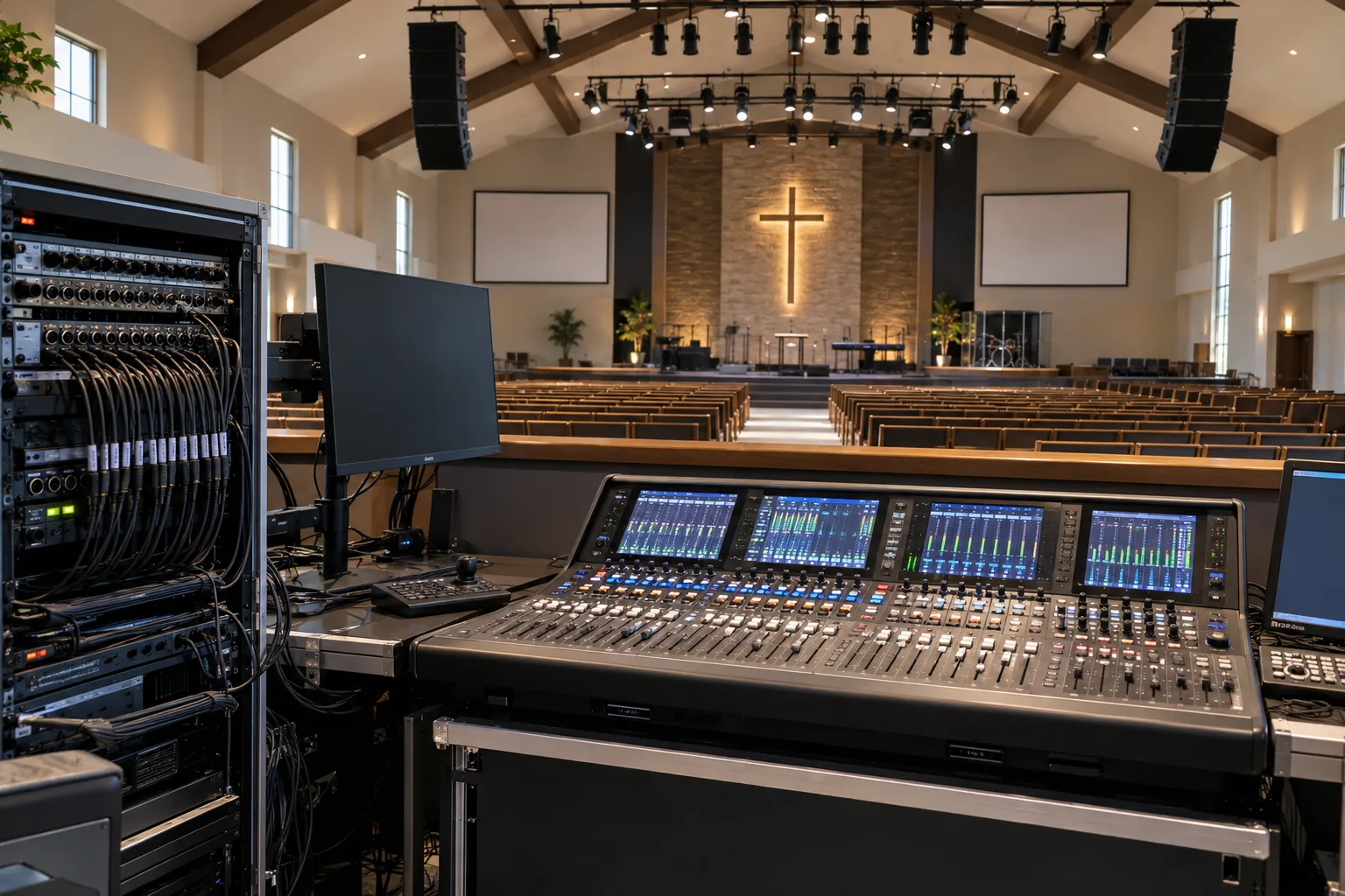 Empty sanctuary viewed from the audio visual control position and labeled equipment rack