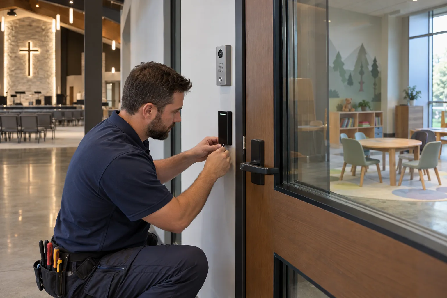 Technician commissioning the entry reader at a worship-center children’s room